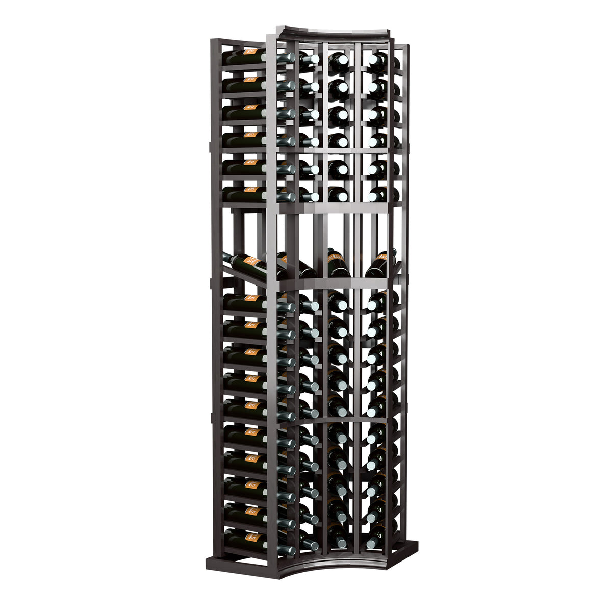 Black 4-column wine display rack, full front view, curved corner bottle slots