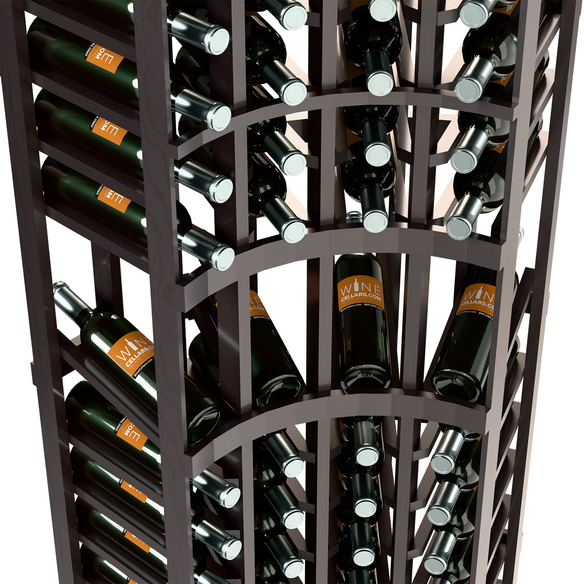 Black wine rack angled close-up showing bottle rows and metal neck holders