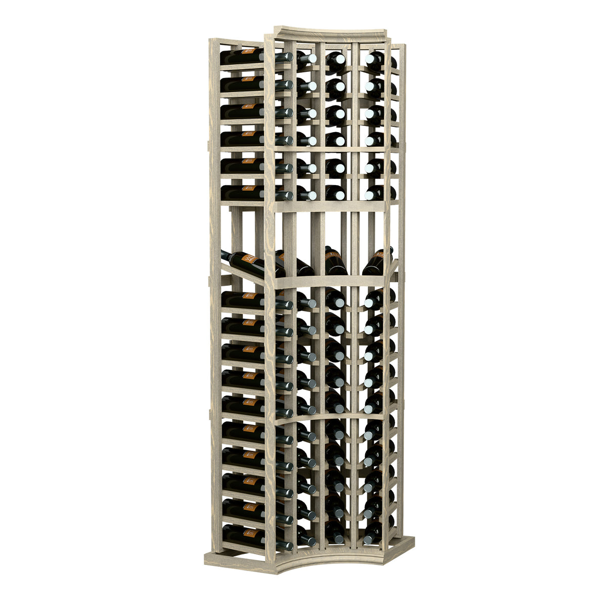 Light wood wine display rack with 4 columns and curved corner bottle slots