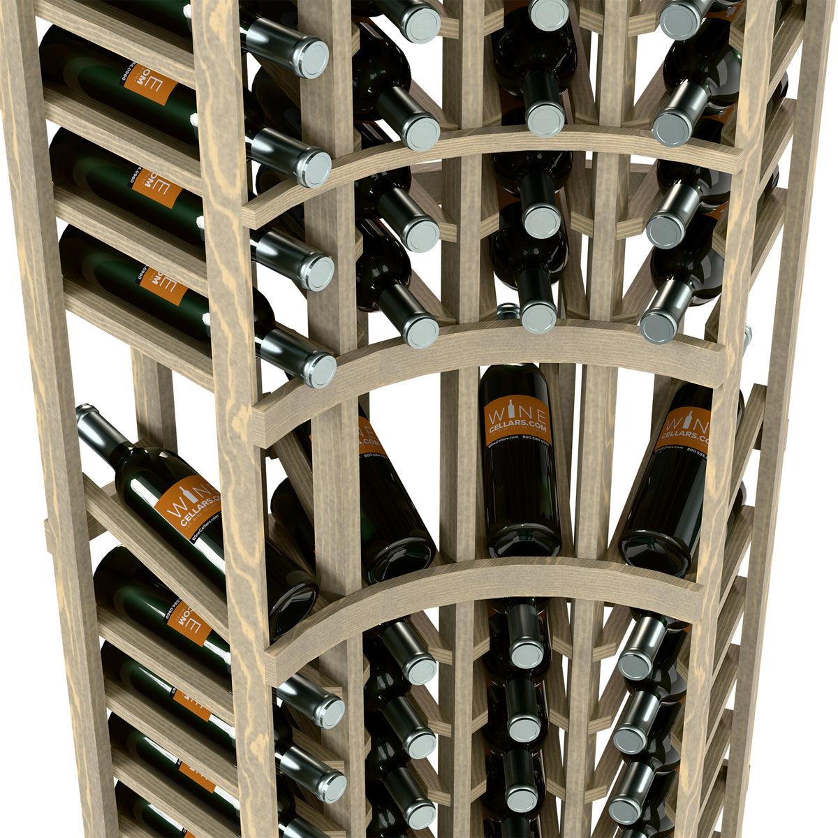 Angled close-up of wine display rack interior with bottle slots and metal rests
