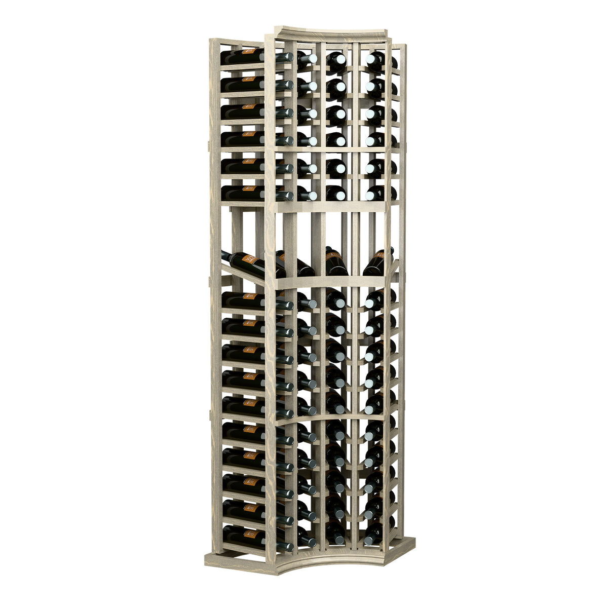 Light wood wine display rack with 4 columns and circular corner wine bottle holders