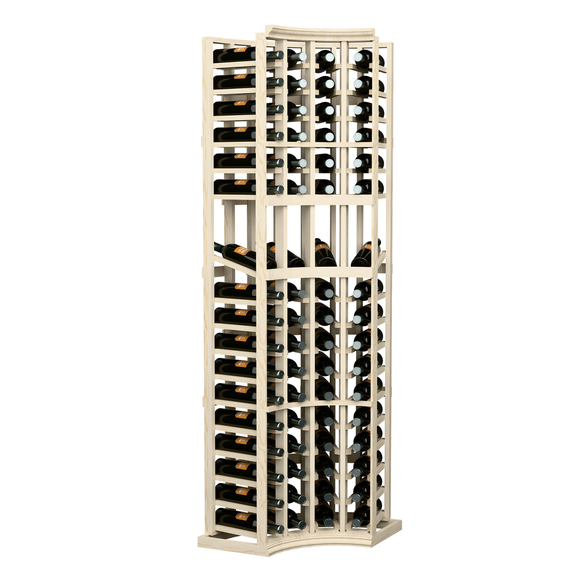 Light wood wine display rack with four columns of bottle storage and curved corner