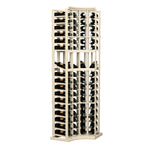 Light wood wine display rack with four columns of bottle storage and curved corner