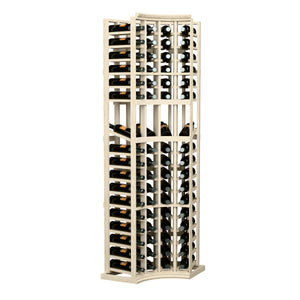 Light wood wine display rack with four columns of bottle storage and curved corner