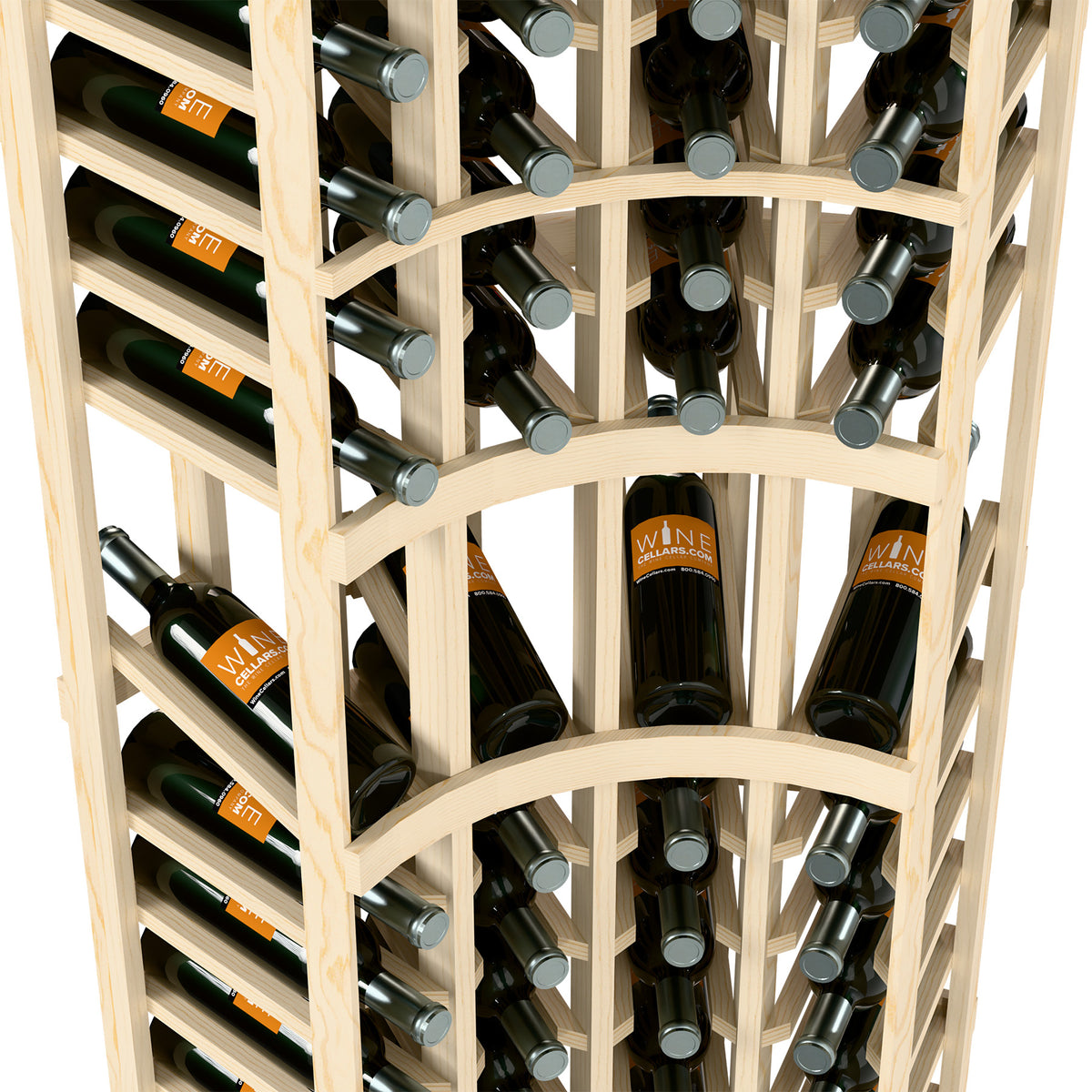 Close-up of light wood wine display rack interior with bottle slots and silver caps