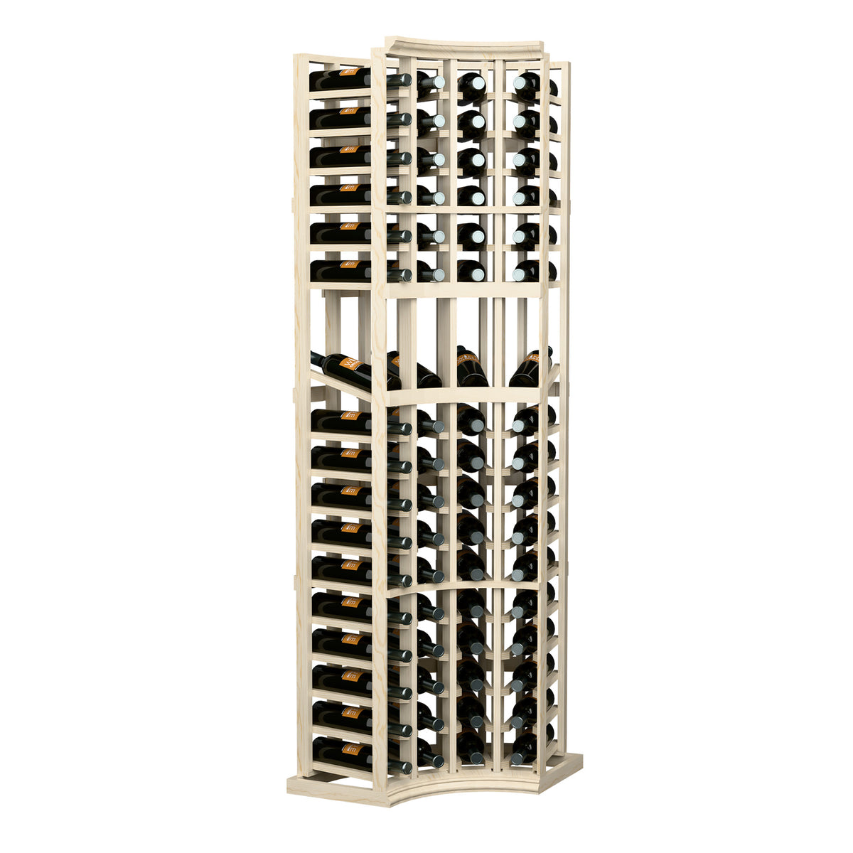 Light wood wine display rack with 4 columns and grid-style bottle storage