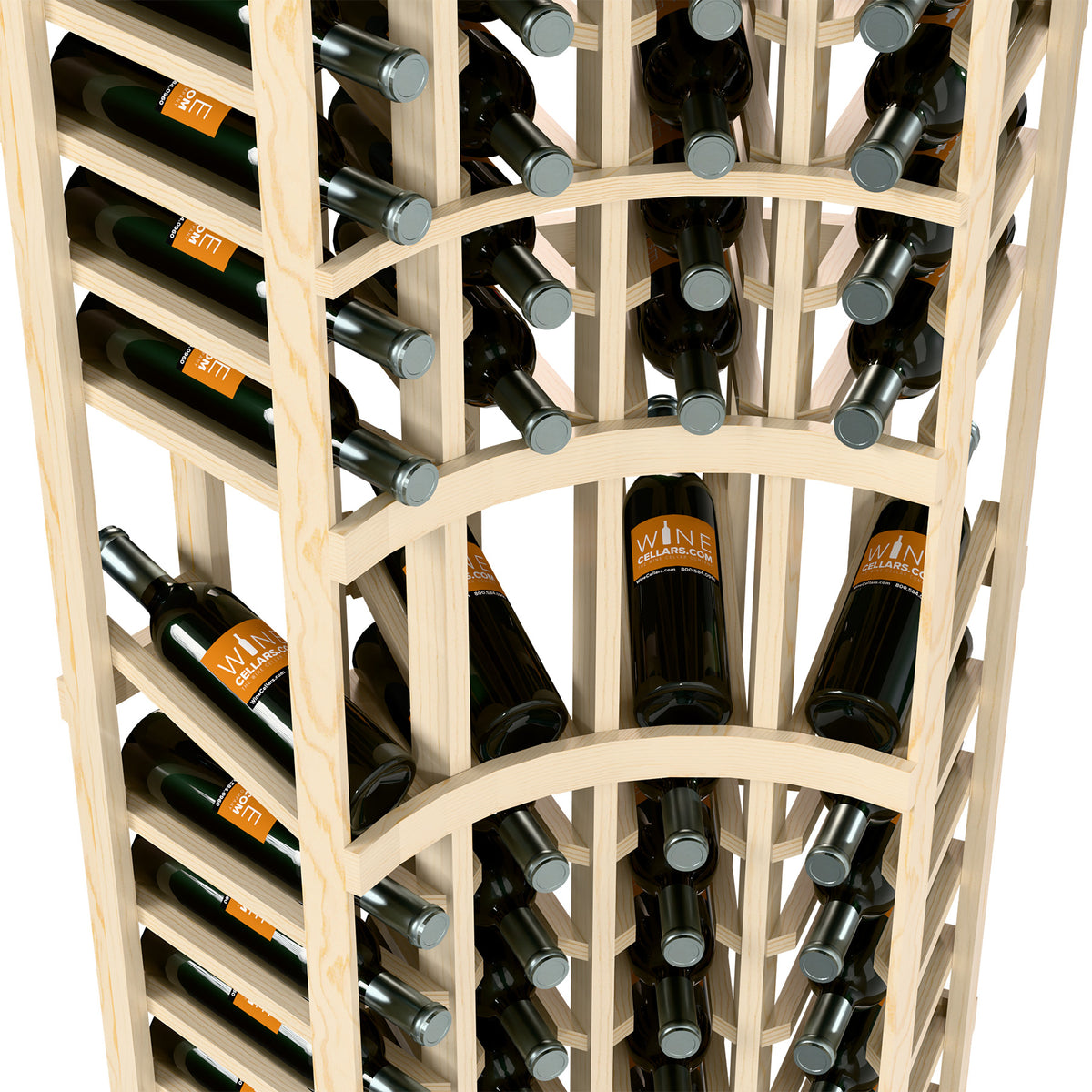 Close-up of wine display rack interior with curved corner and bottle slots