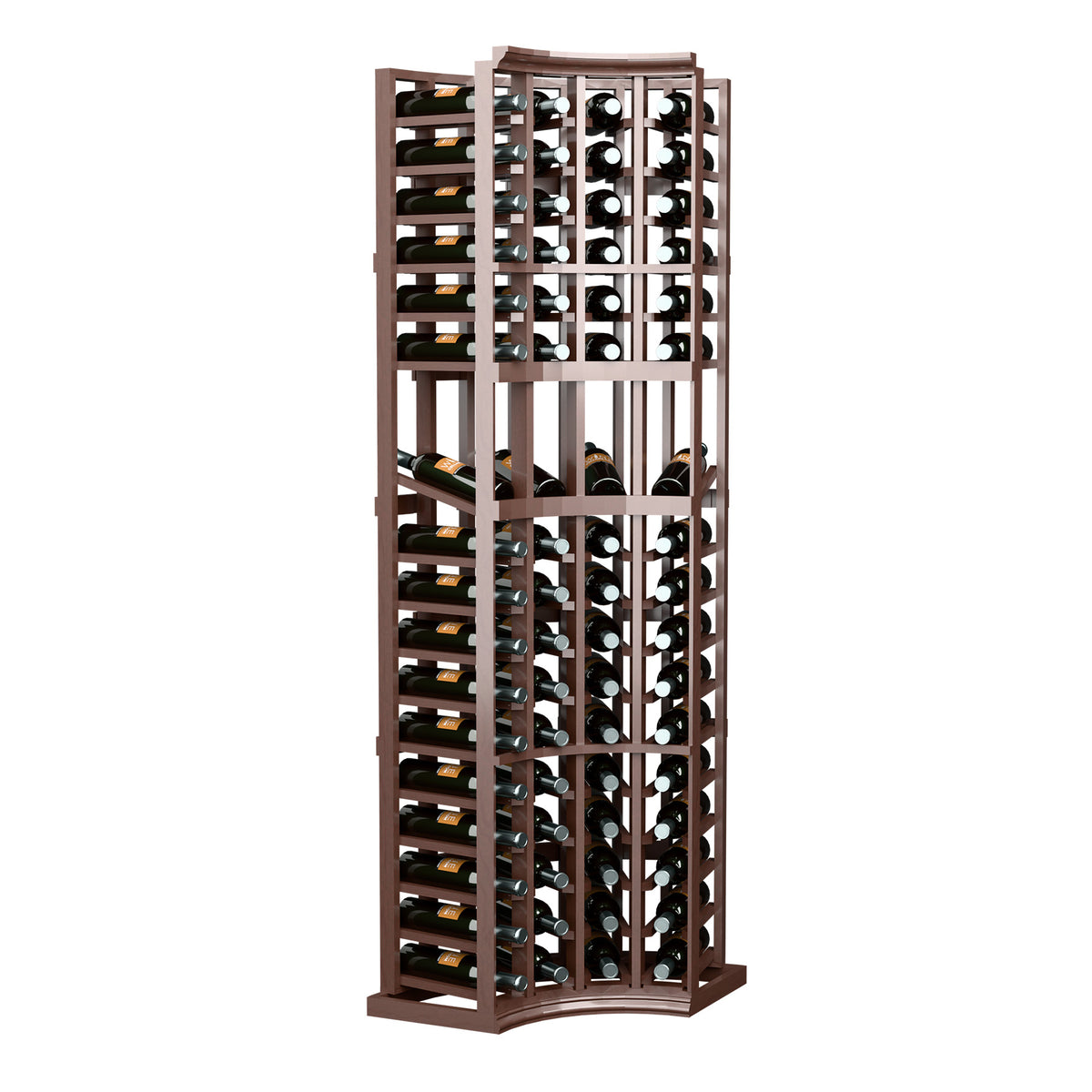 4-column curved corner wine display rack with dark wood frame and grid bottle slots