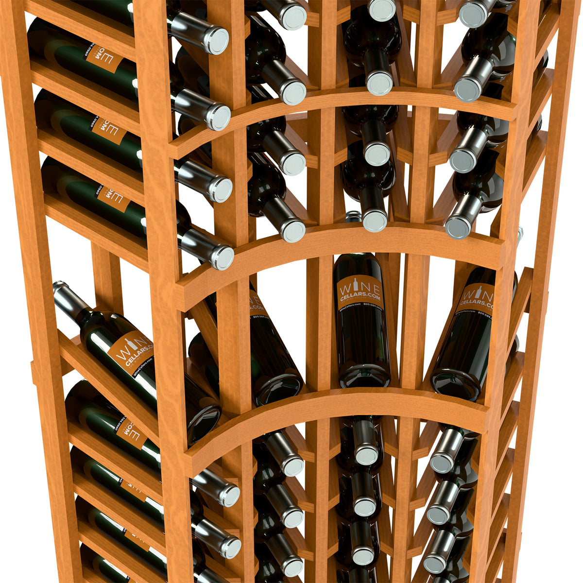Curved corner wine rack with light wood frame, bottle pegs, and front semicircle shelf