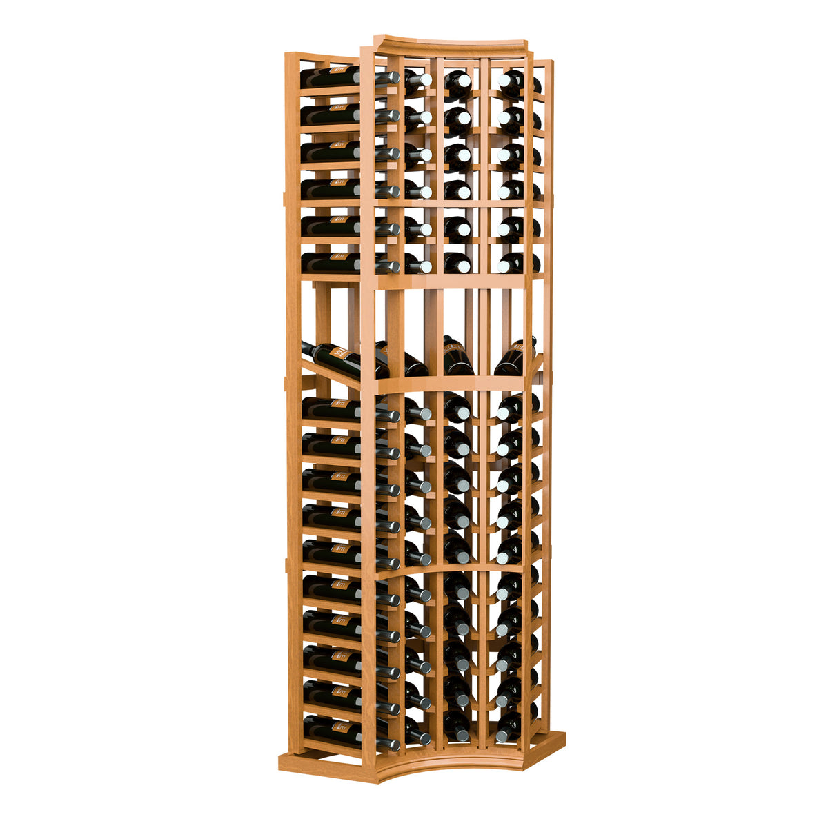 4-column curved corner wine display rack with light wood finish and arranged bottle slots