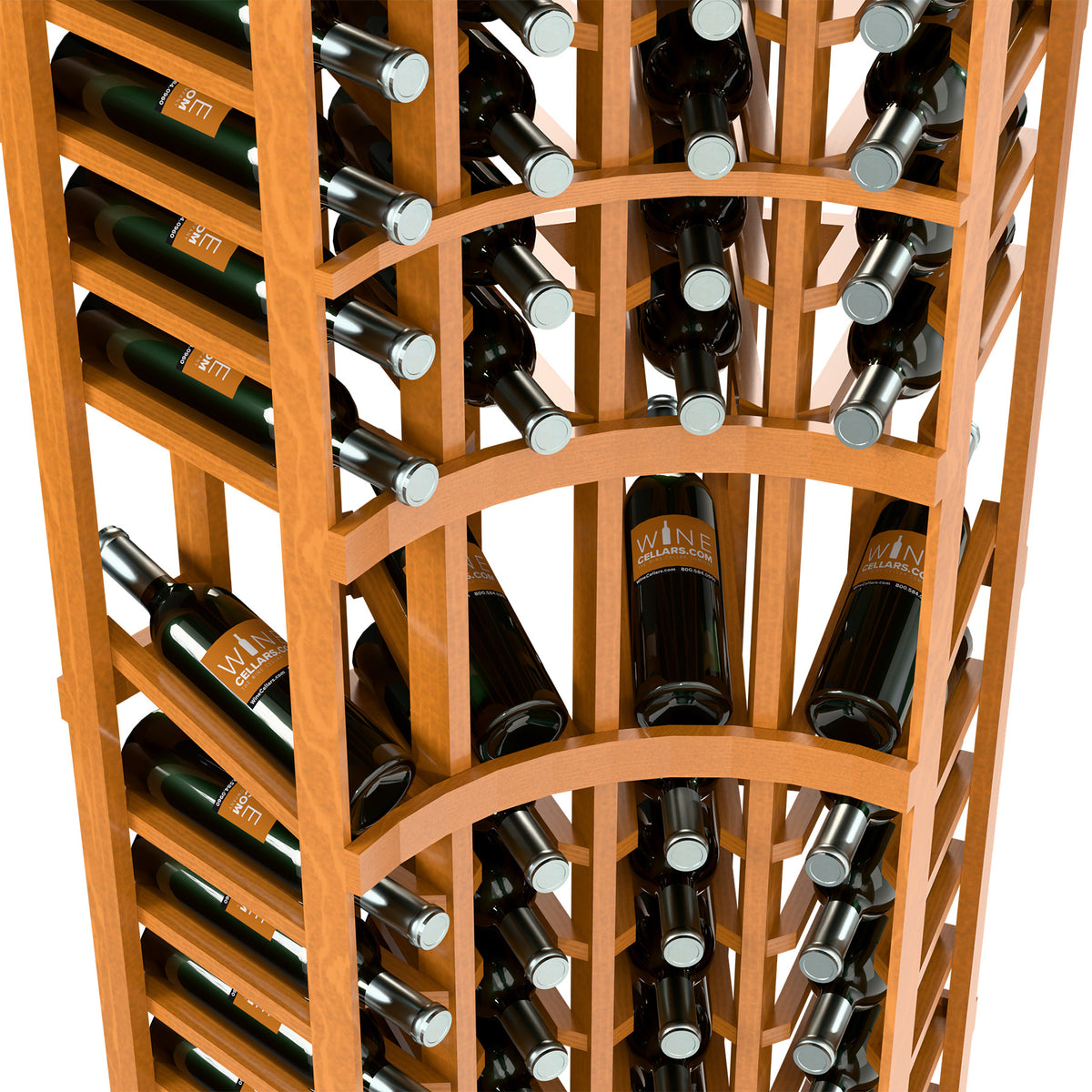 Curved corner wine rack detail with light wood frame and bottles in peg-mounted holders
