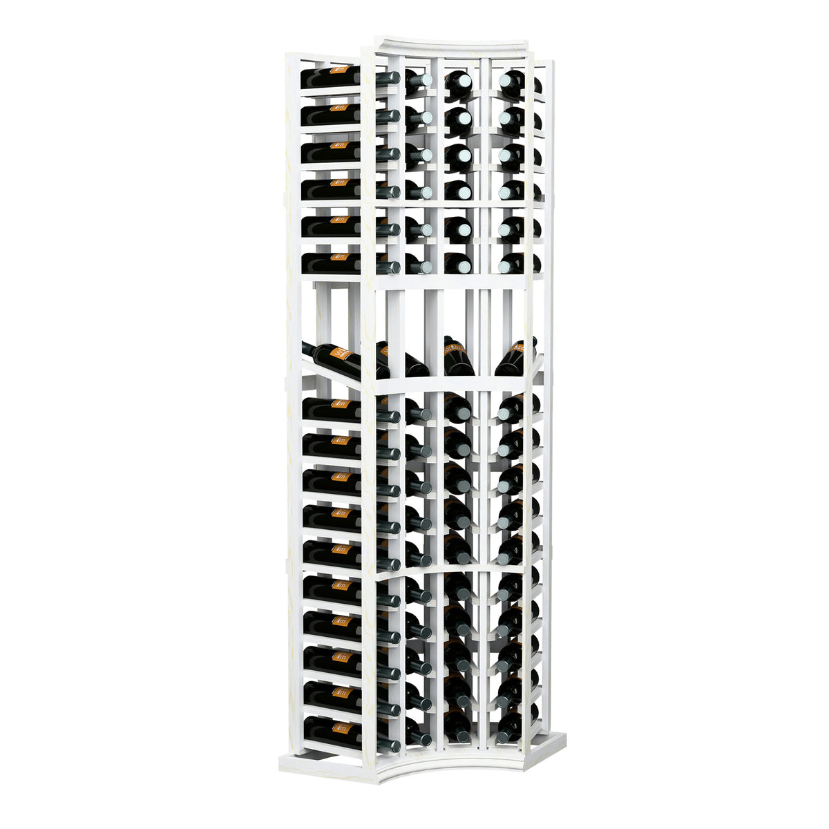 4-column curved corner wine display rack with white frame and bottle grid storage slots