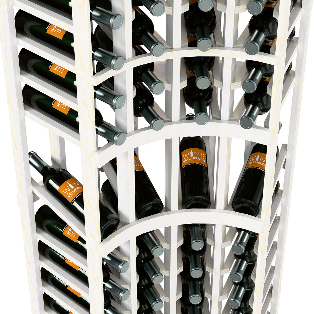 Curved corner wine rack detail with white frame, bottle holder pegs, and wine bottle rows
