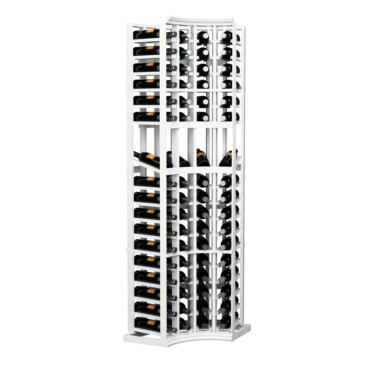 4-column curved corner wine display rack with white finish and open lattice bottle compartments