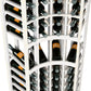 Curved corner wine rack close-up with white frame and bottles seated in peg holders