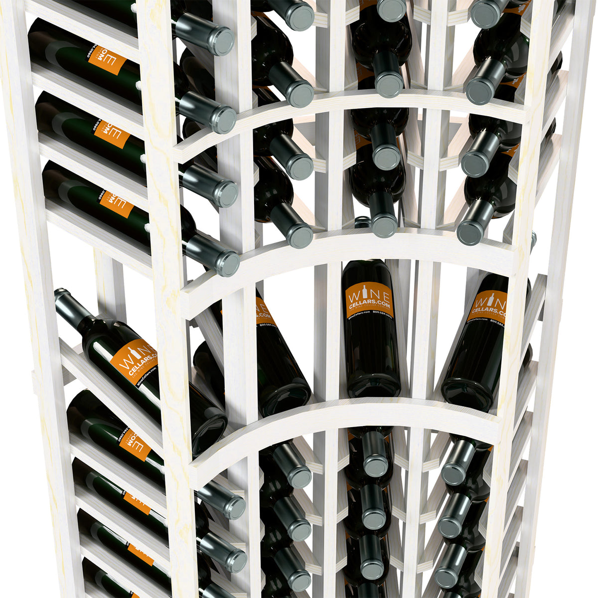 Curved corner wine rack close-up with white frame and bottles seated in peg holders