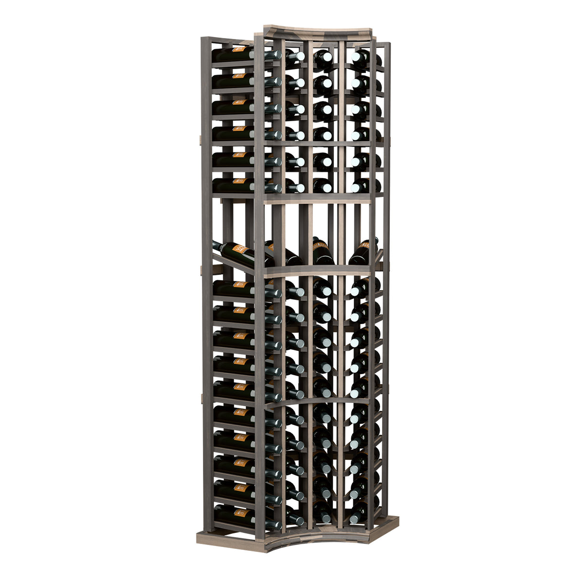 Gray 4-column curved wine display rack with open bottle slots for upright storage