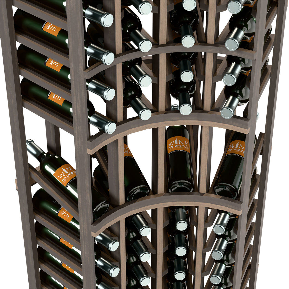 Gray wine rack interior showing bottle cubbies, metal bottle neck supports, and curved dividers