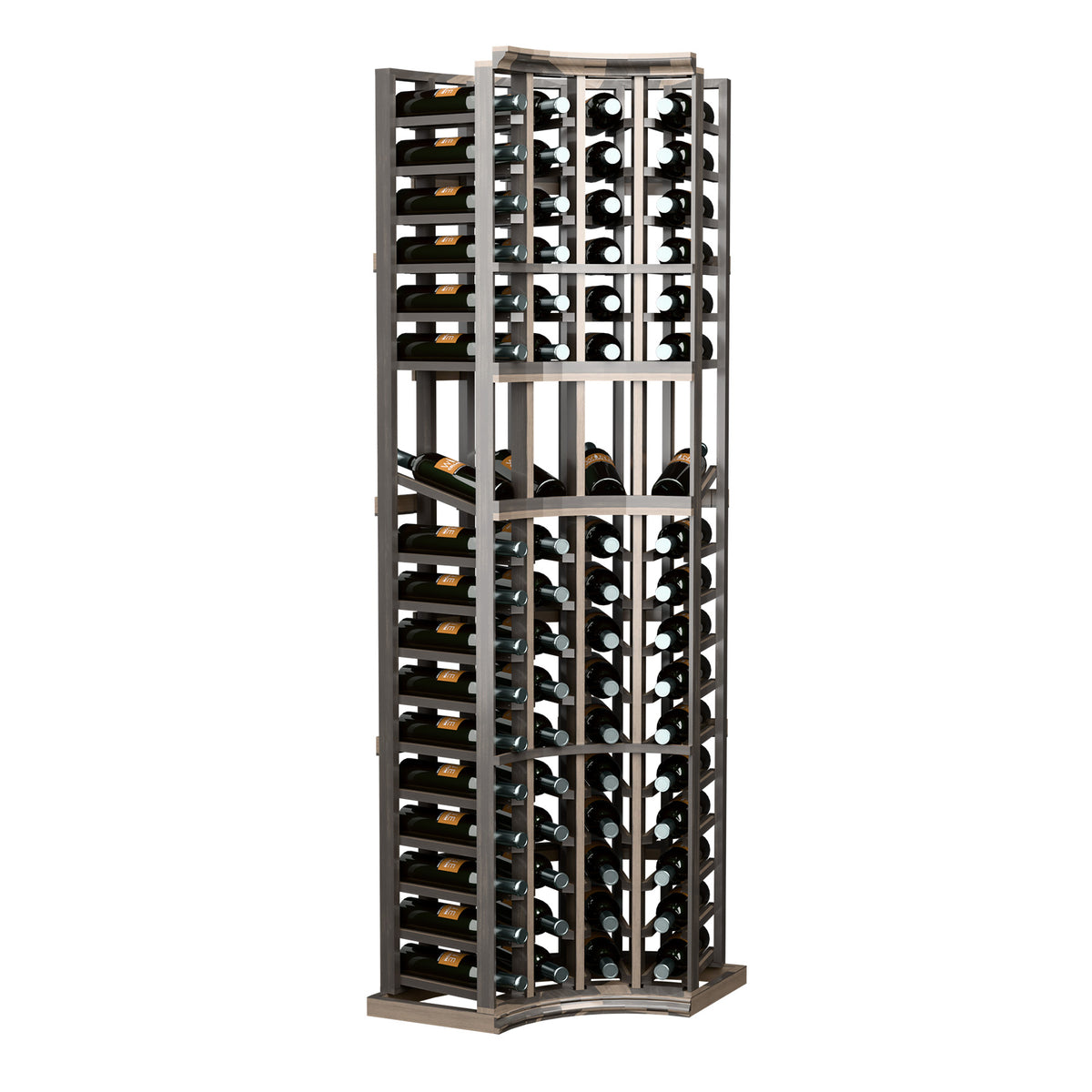 Gray 4-column curved wine display rack with front grid and bottle slots for display