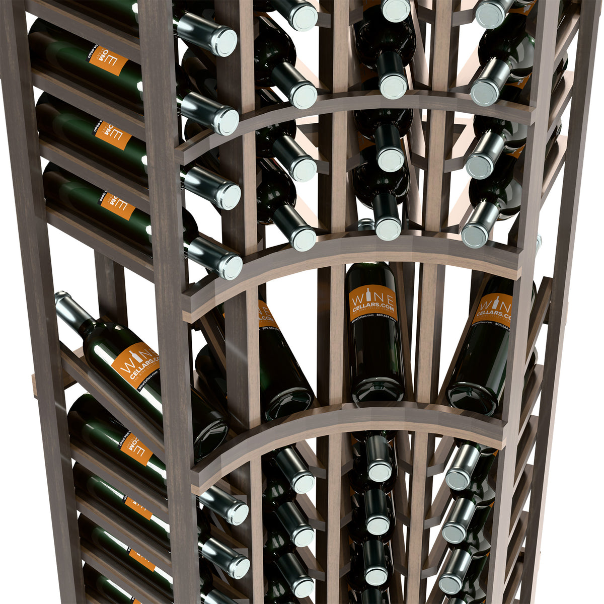 Gray wine rack with curved front shelves and bottle slots holding bottles upright