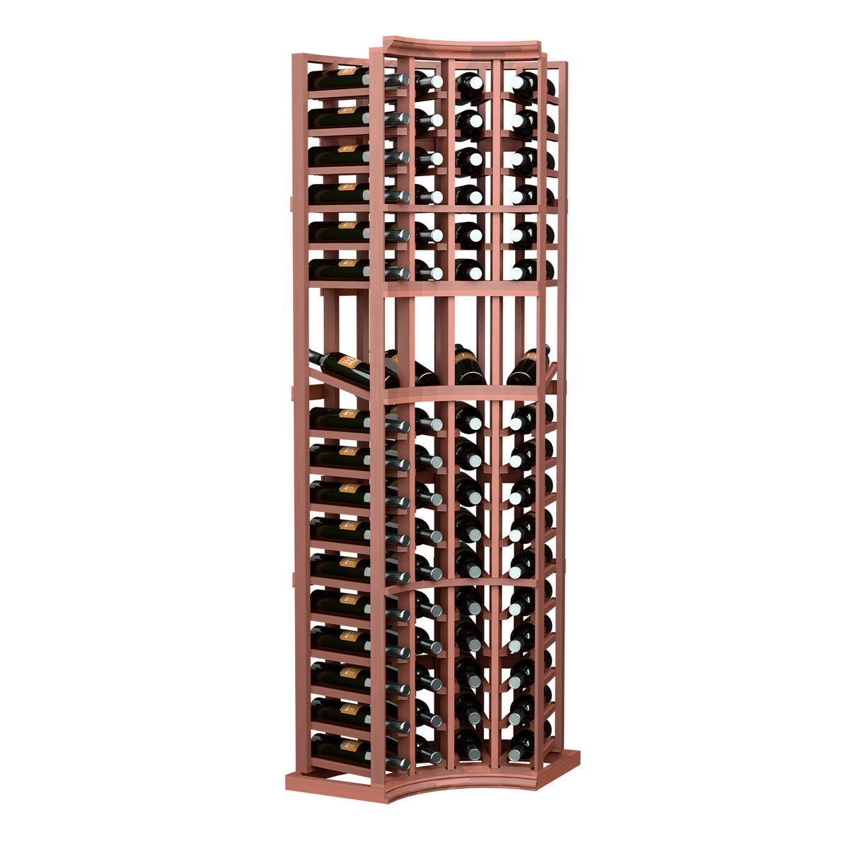 Redwood-style 4-column curved wine display rack with open bottle slots for upright storage