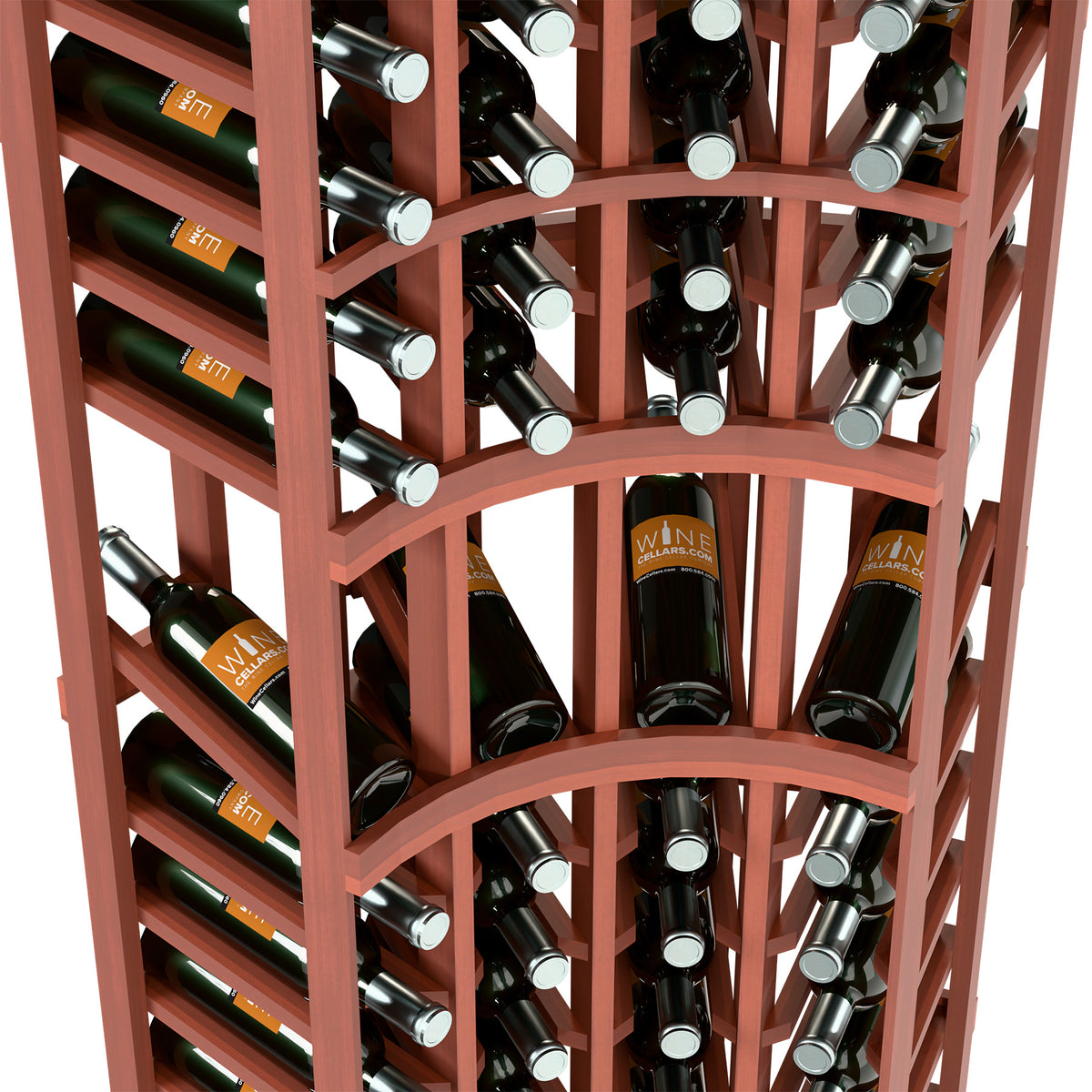 Red wine rack interior with bottle cubbies, bottle neck supports, and curved wood dividers