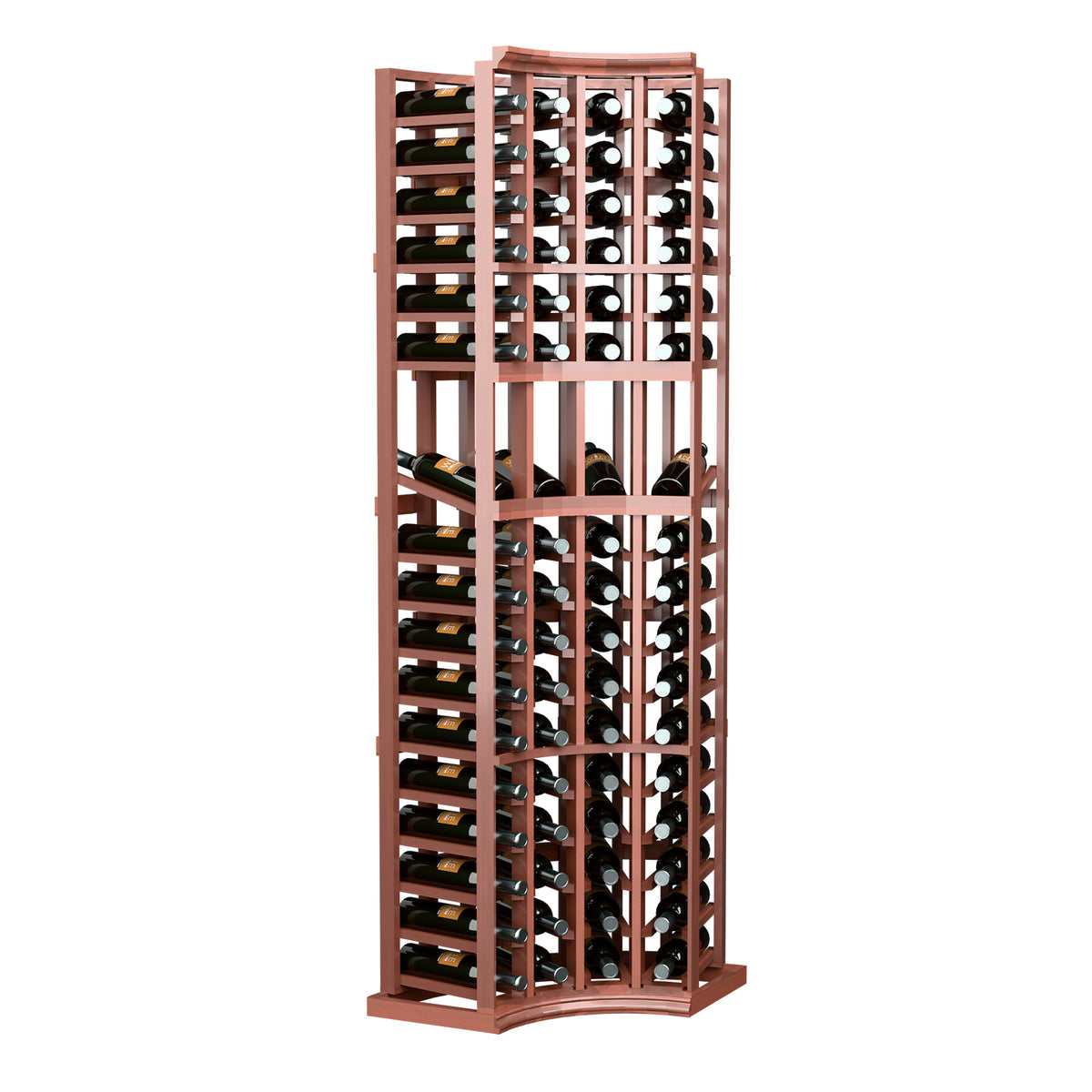 Red 4-column curved wine display rack with front grid and bottle slots