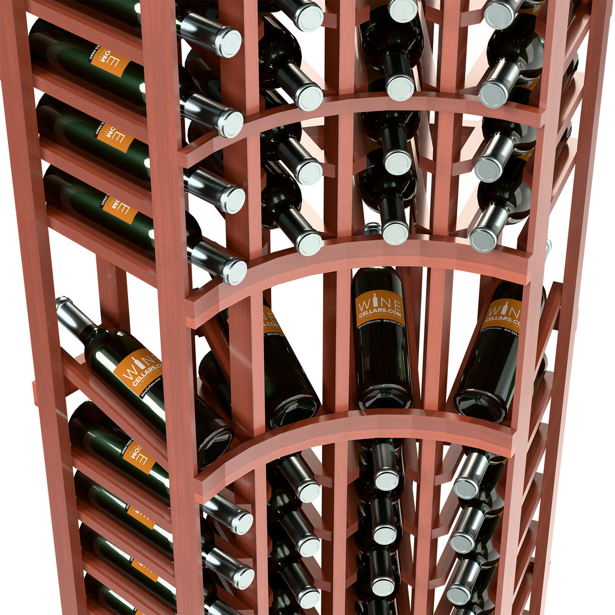 Red wine rack showing bottle slots and curved front shelves holding bottles upright