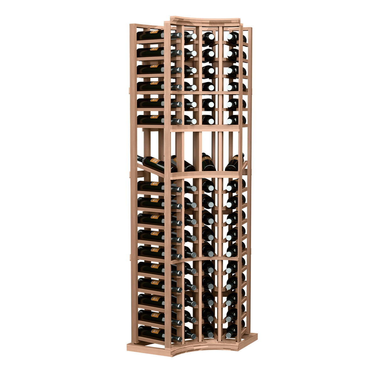 Light wood 4-column curved wine display rack with open front grid and bottle slots
