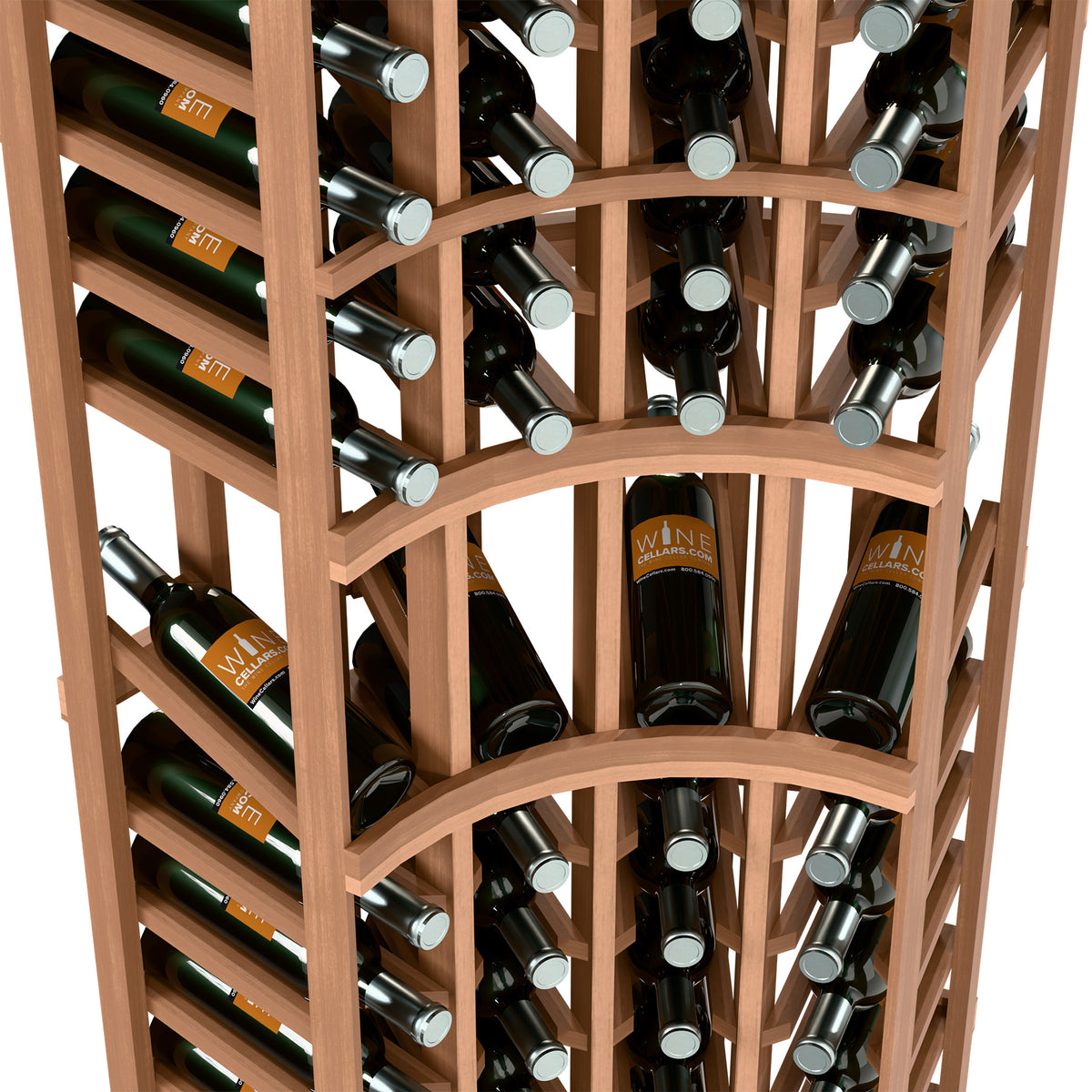 Light wood wine rack interior with bottle cubbies, bottle neck supports, and curved dividers