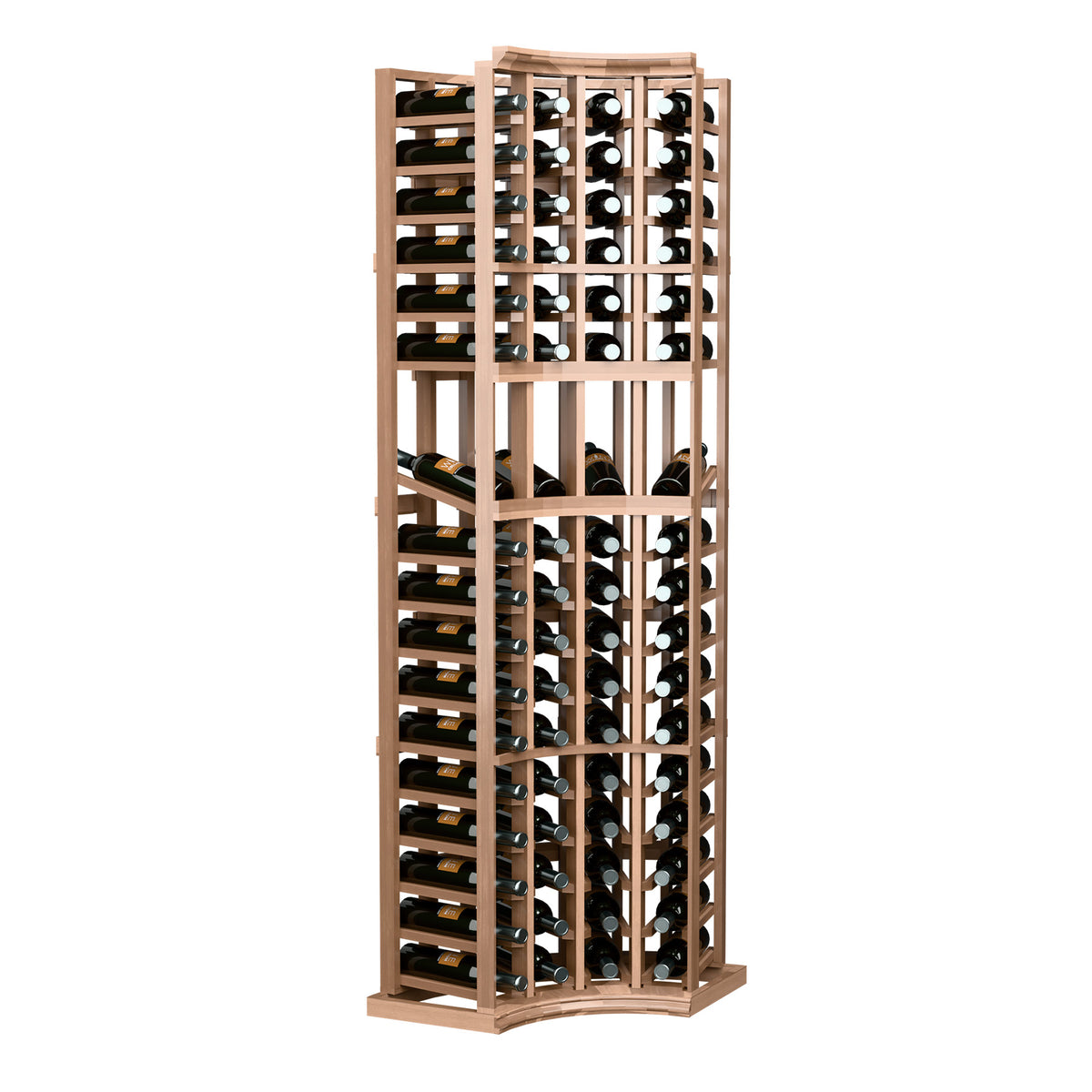 Wood wine bottle display rack with curved corners and four-column grid, holds multiple bottles
