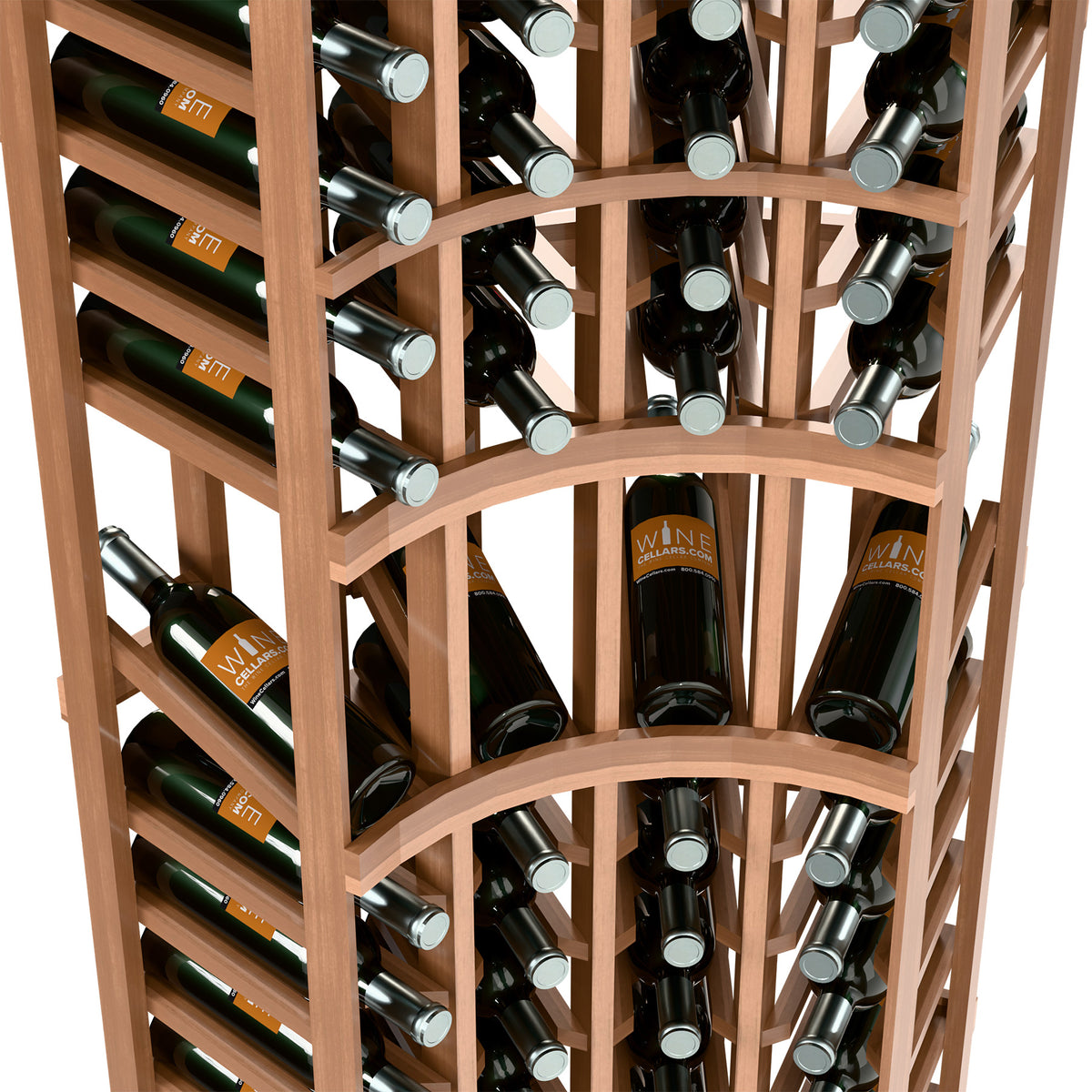 Close-up of wooden wine rack shelves holding dark bottles with silver bottle neck caps