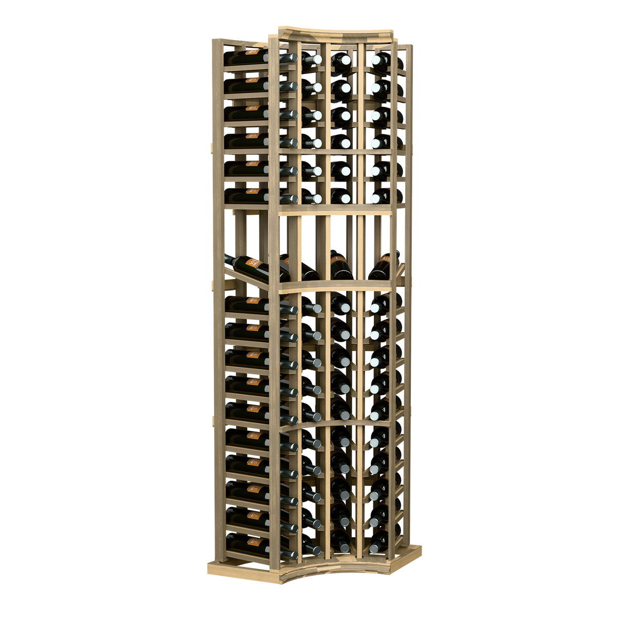 Tall wooden wine bottle display rack with curved corner frame and multi-tier bottle slots