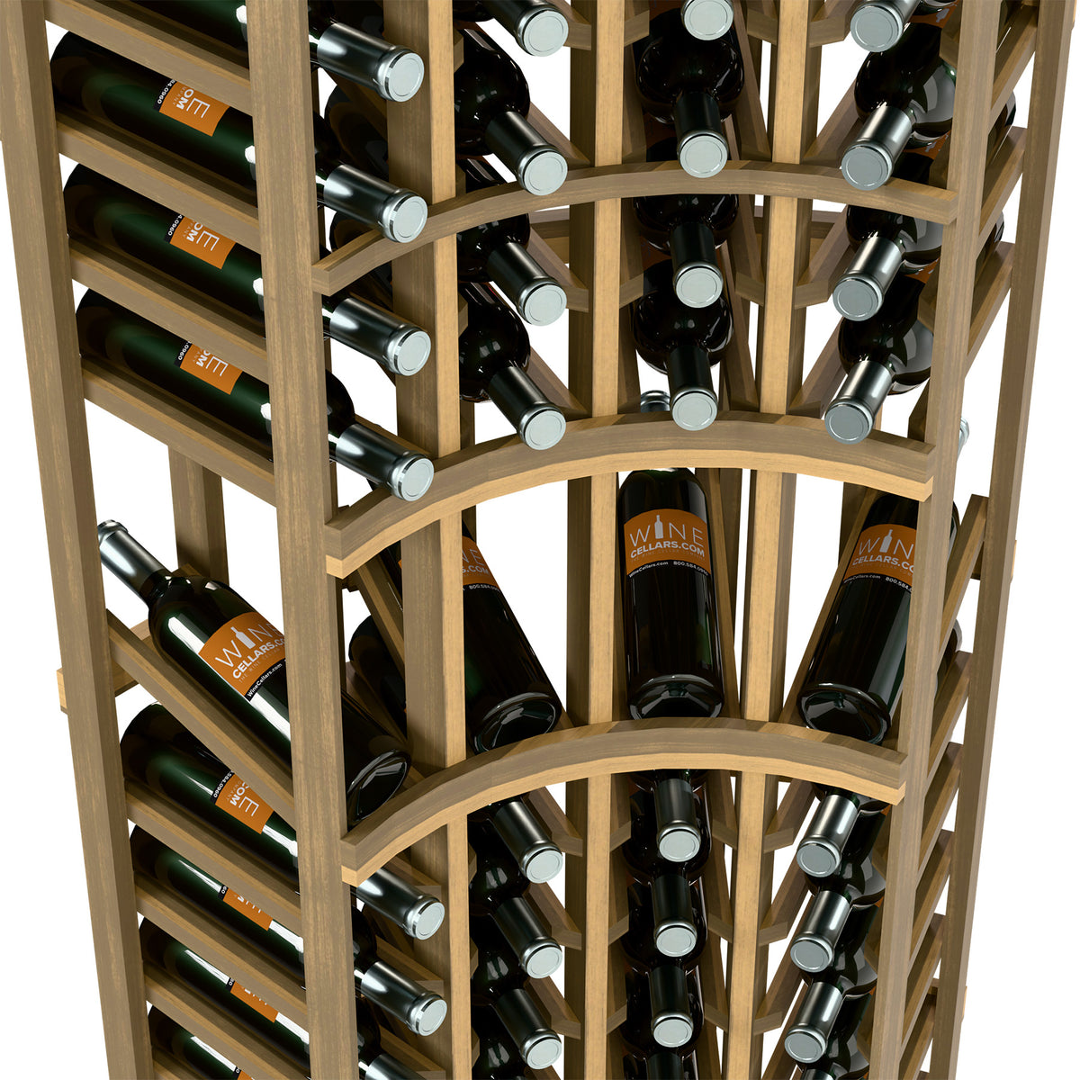 Angled view of wooden wine rack showing bottle rows, curved arches, and cubby-like holders