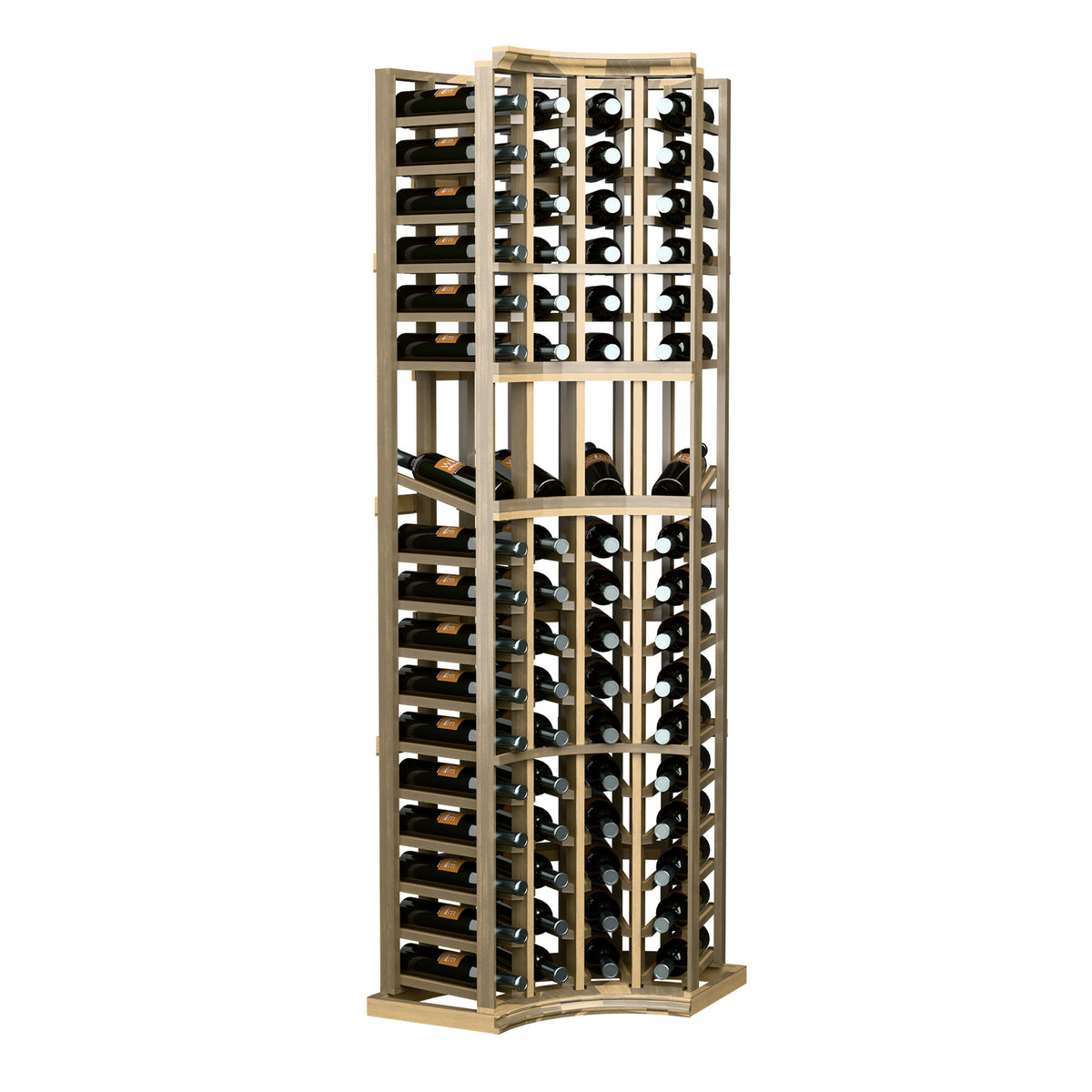 Freestanding wooden wine bottle display rack with curved corner design and open bottle lattice