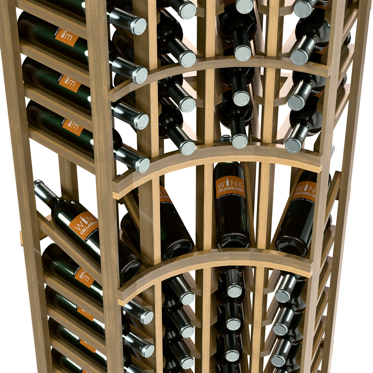 Wood wine rack detail with dark bottles arranged in curved arched rows and vertical slots