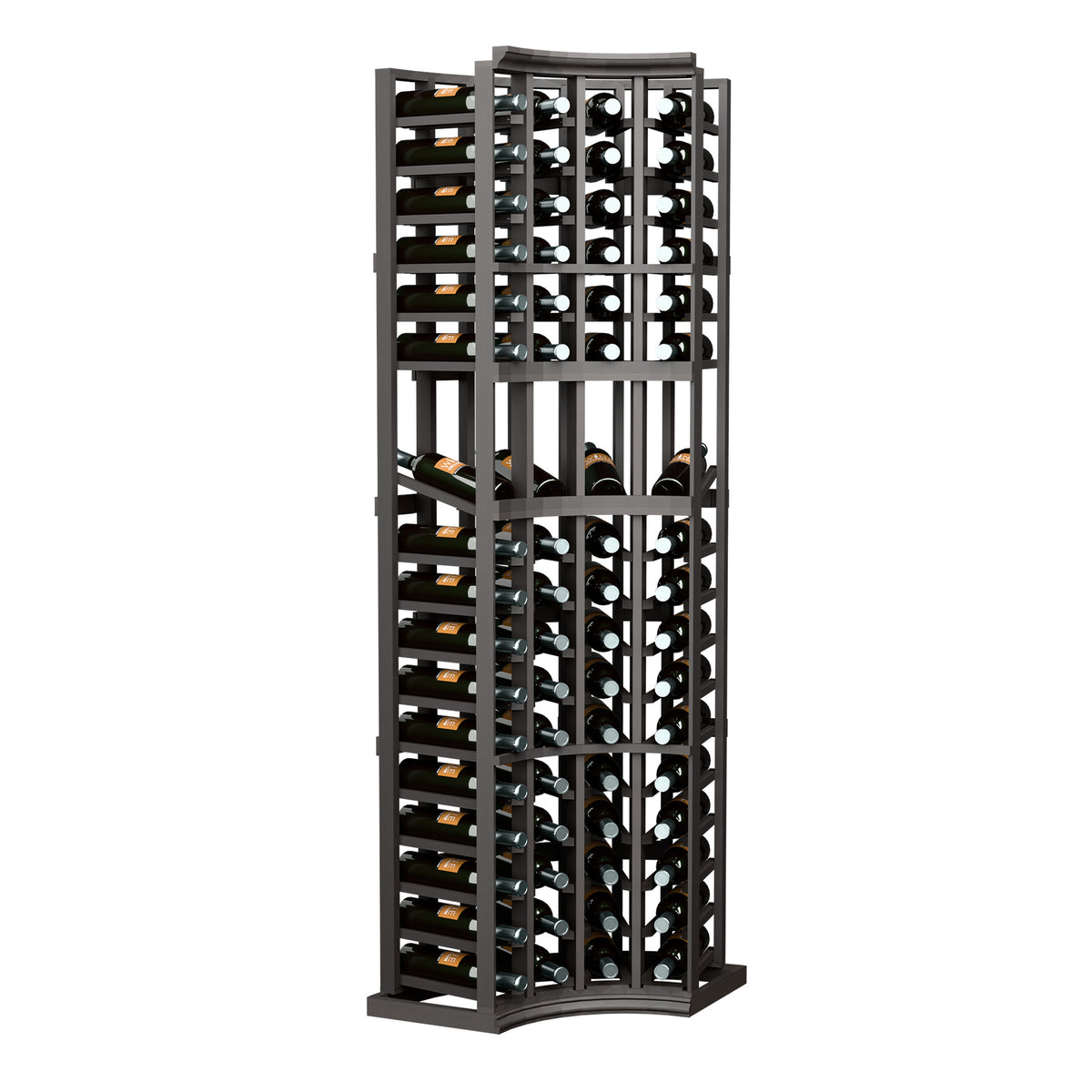 Black wine bottle display rack with curved corners and four-column lattice for storing bottles