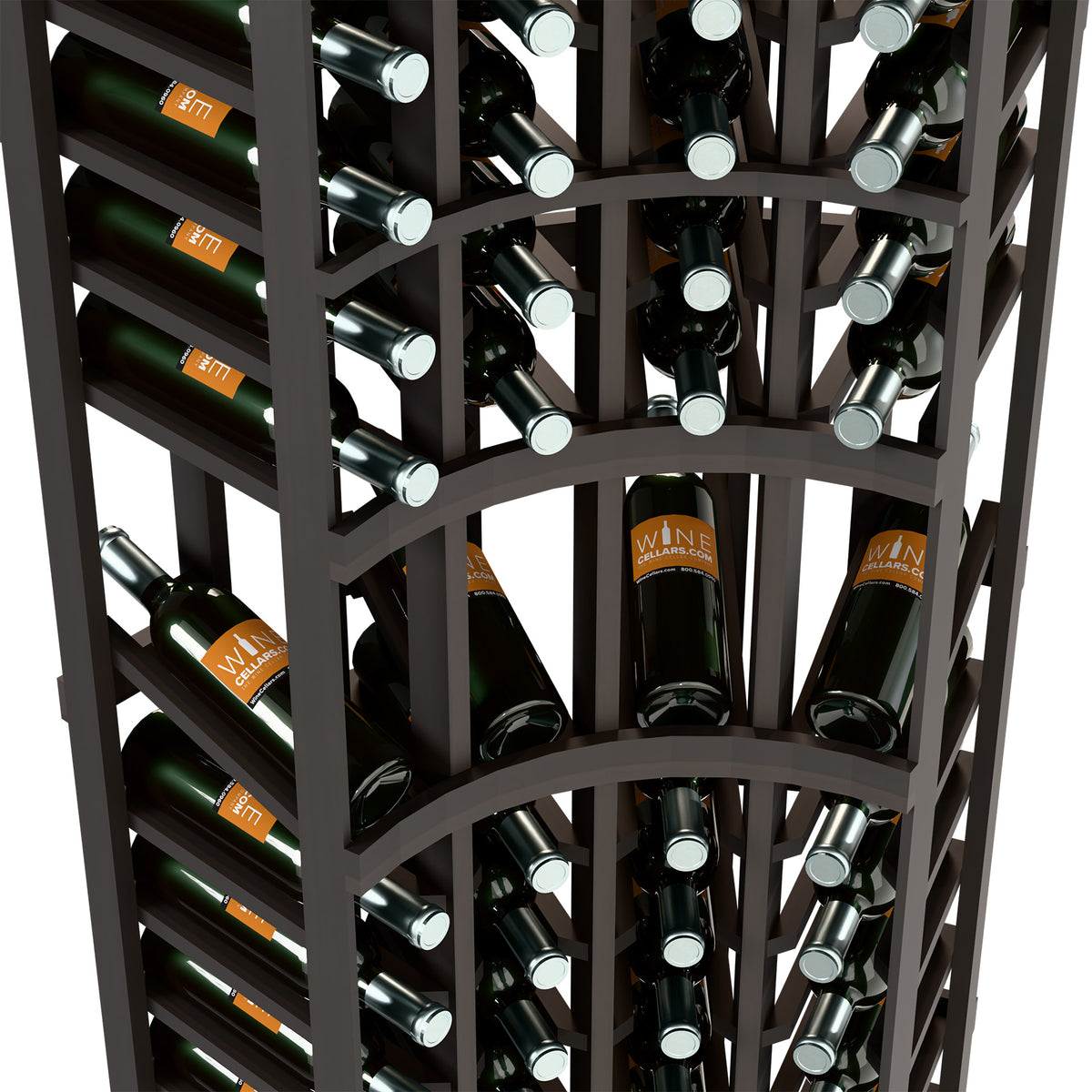 Close-up of black wine rack interior with dark bottles and silver tops in curved shelves
