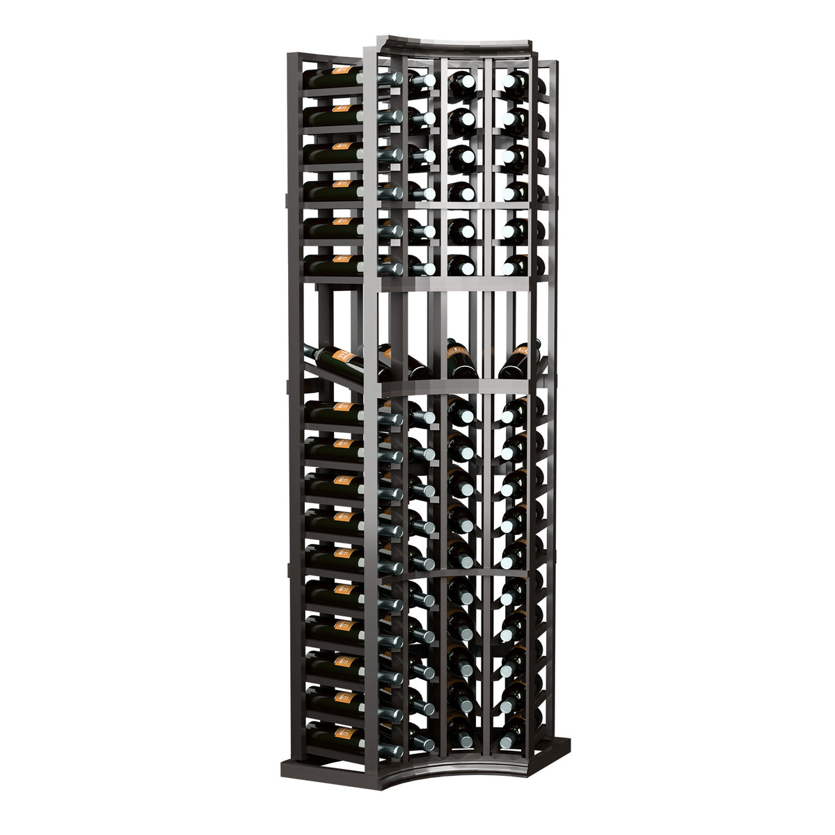 Tall black wine bottle display rack with curved corner frame and multi-tier bottle storage