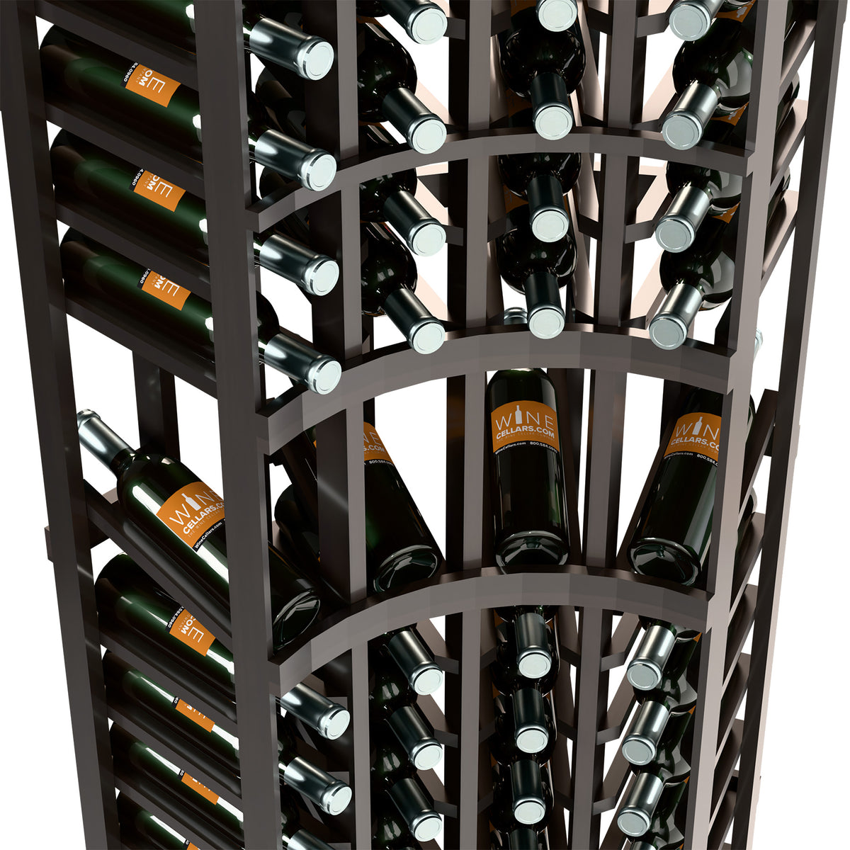 Angled view of black wine rack showing bottle rows, curved arches, and vertical bottle openings