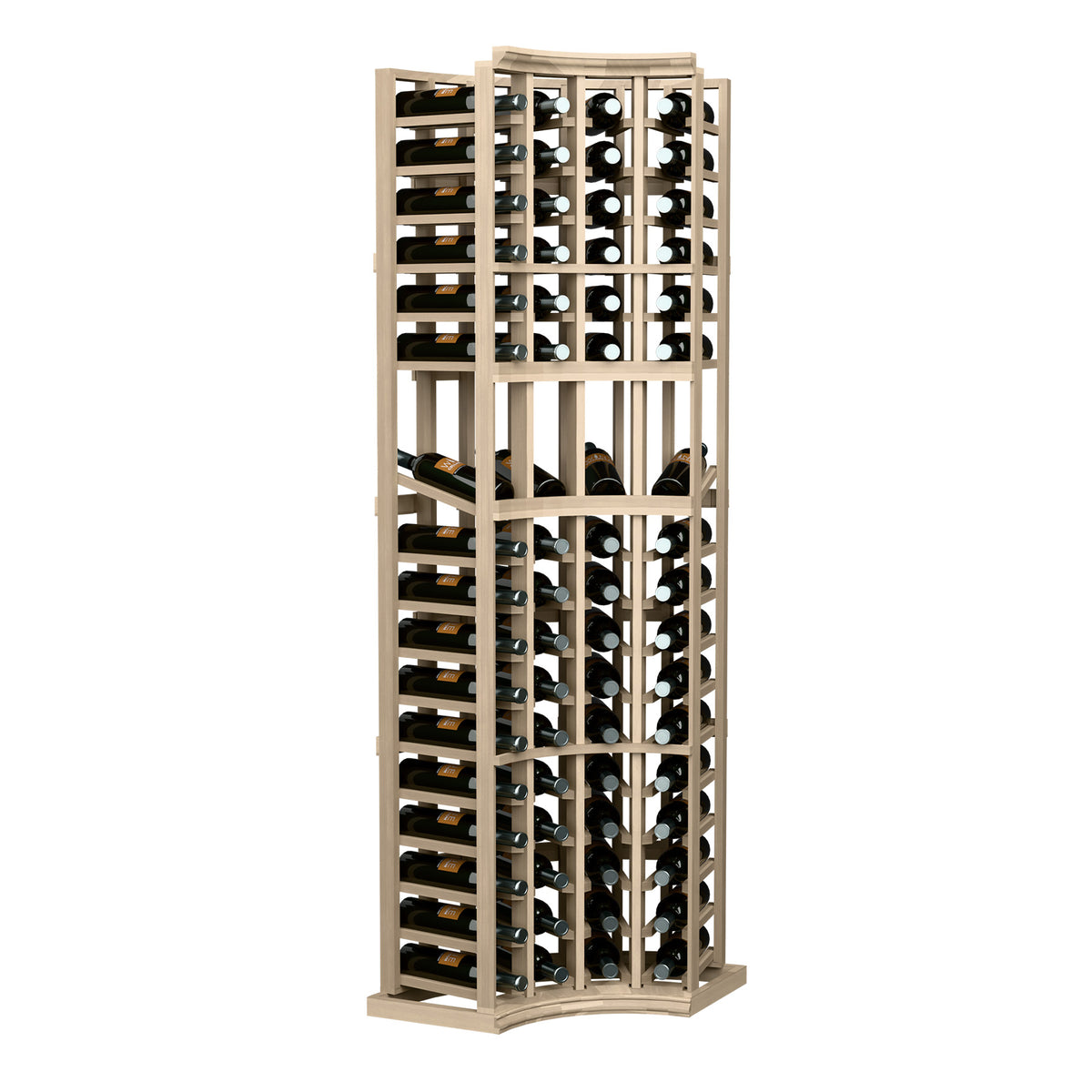 Curved corner wine display rack, 4 columns, bottles in front grid storage.