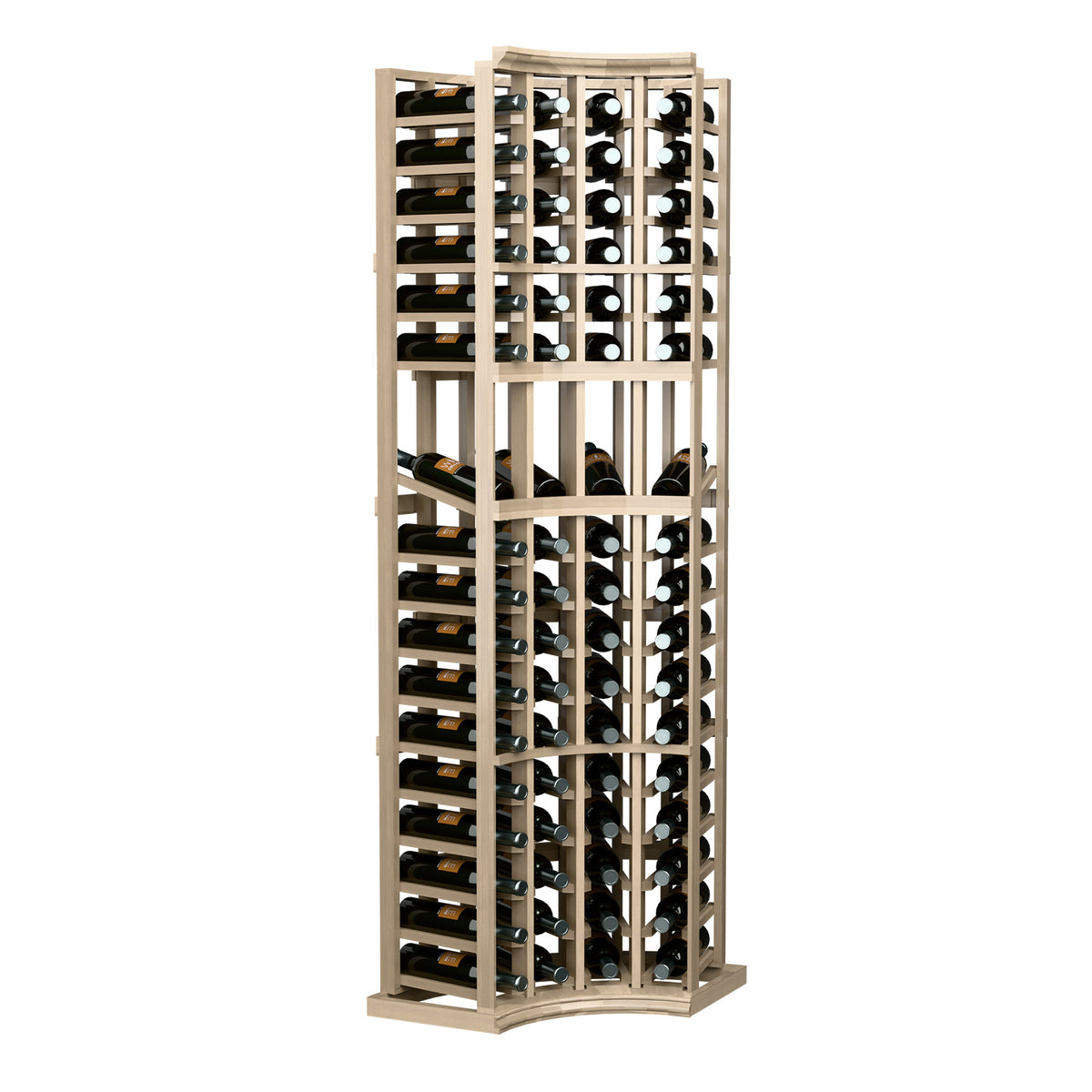 Curved corner wine display rack, 4 columns, full-height front view with bottles.