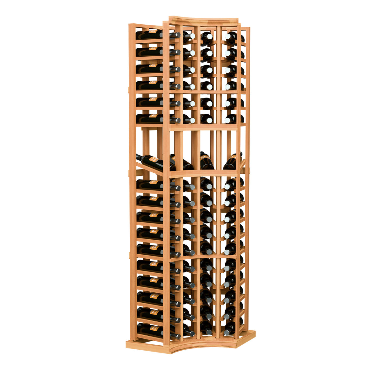 Curved corner wine display rack, 4 columns, orange-stained wood, full height with bottles.