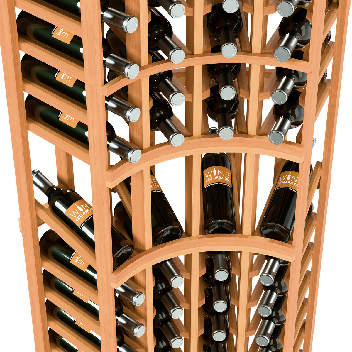 Curved corner wine rack close-up, 4 columns, orange frame holding bottles.