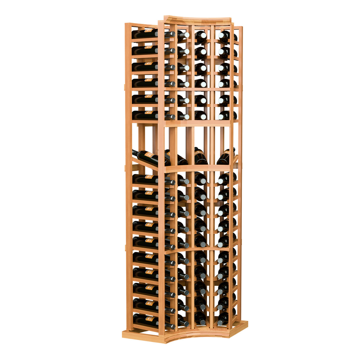 Curved corner wine display rack, 4 columns, orange-stained wood, full-height front view.
