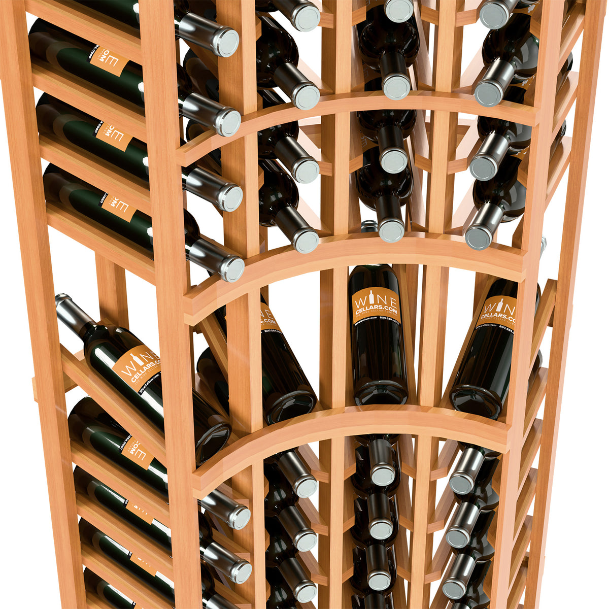 Curved corner wine rack close-up, 4 columns, orange frame with bottles in cubbies.
