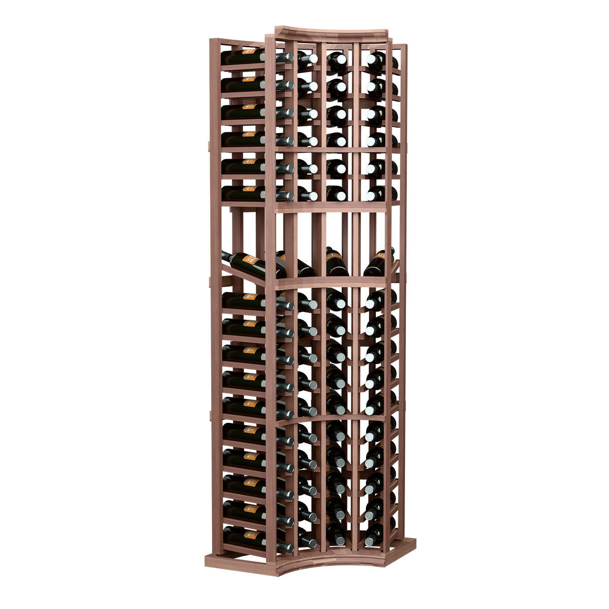 Curved corner wine display rack, 4 columns, dark stained wood, full height with bottles.