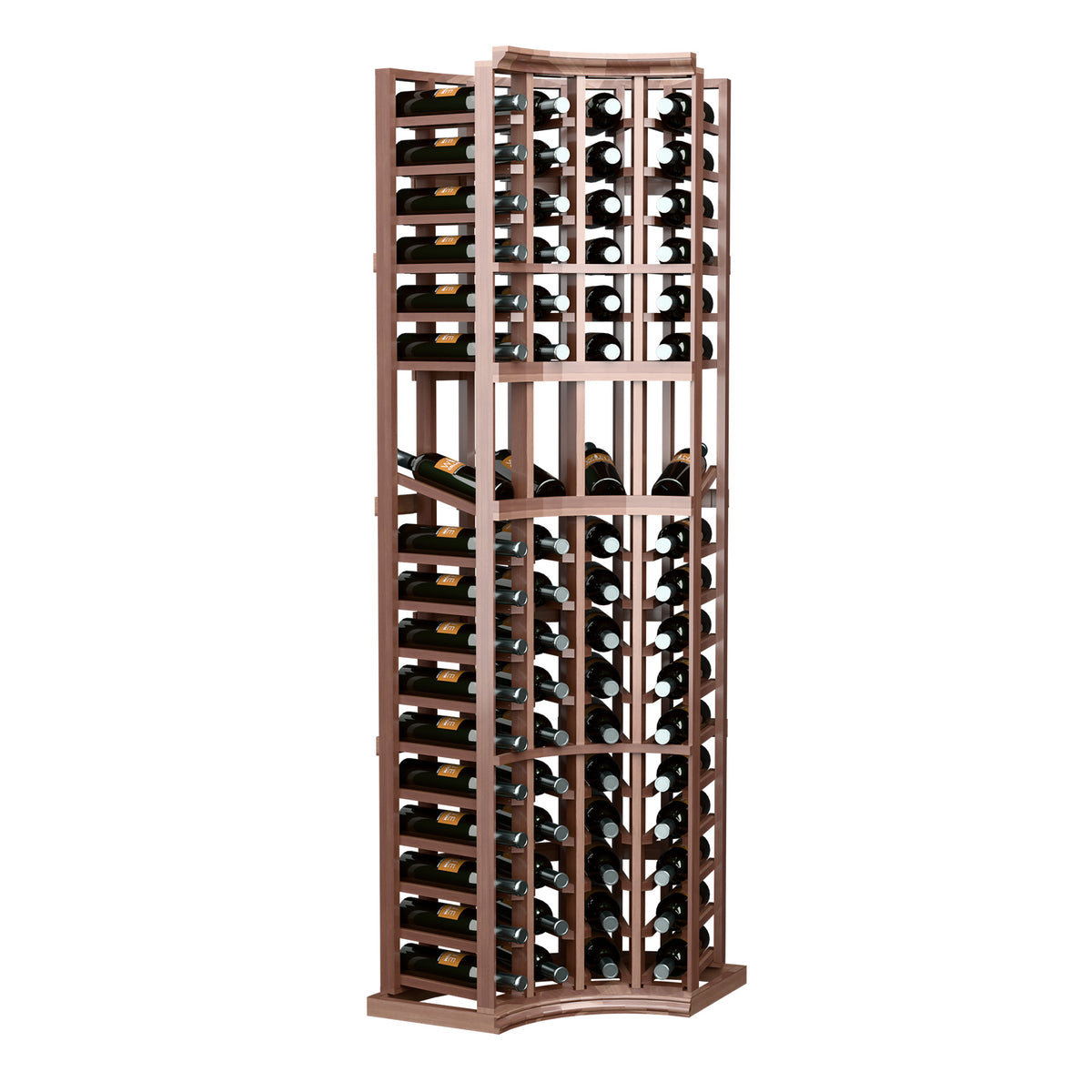 Wood wine bottle display rack with four columns and curved front base frame