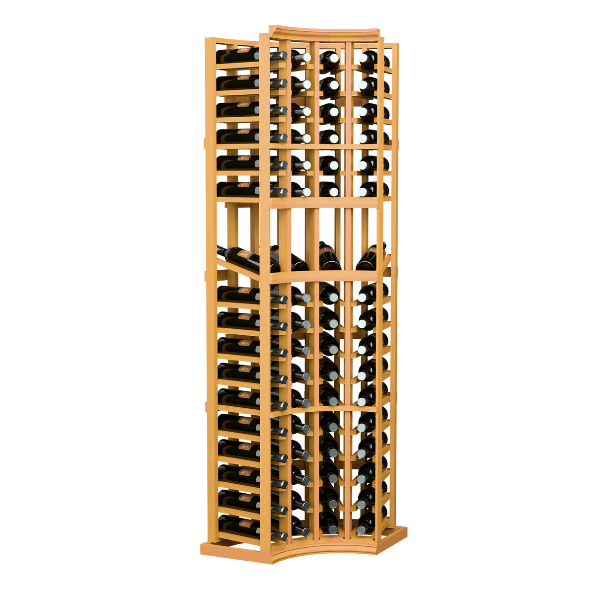 Light wood wine bottle display rack with four columns, circular top, and curved front