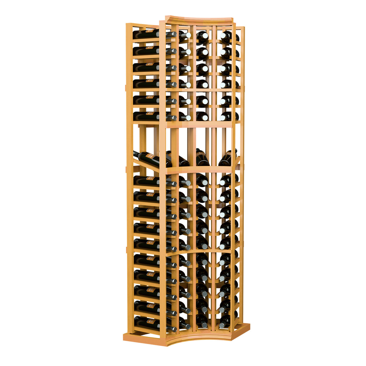 Pine-colored wine bottle display rack with four columns and curved bottom frame